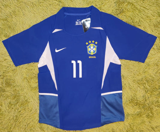 Brazil 2002 Away Ronaldinho Retro Vintage Soccer Futbol Blue Jersey