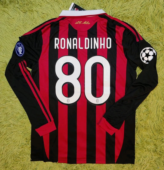 AC Milan 2009/10 Ronaldinho #80 Home Retro Long Sleeve Soccer Futbol Jersey
