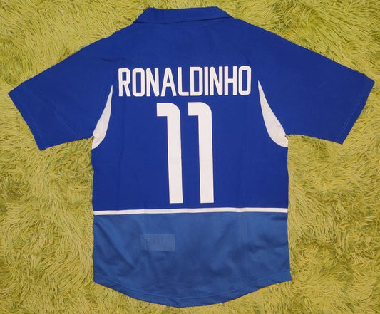 Brazil 2002 Away Ronaldinho Retro Vintage Soccer Futbol Blue Jersey