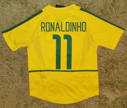 Brazil Ronaldinho #11 World Cup 2002 Home Yellow Soccer Football Futbol Jersey