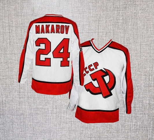 Throwback Makarov #24 CCCP Russia Hockey Jerseys
