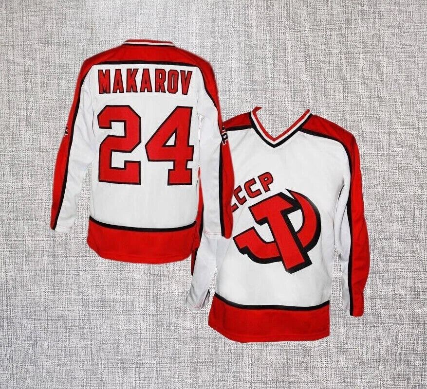 Throwback Makarov #24 CCCP Russia Hockey Jerseys