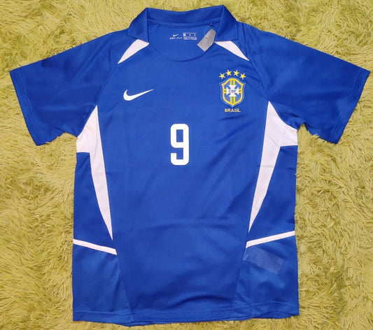 Brazil 2002 Away Ronaldo #9 Retro Vintage Soccer Blue Jersey
